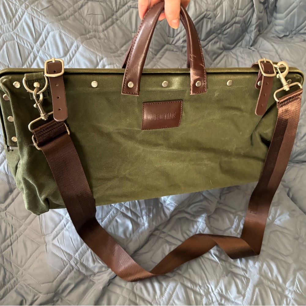 Green Canvas Messenger Bag with Brown Leather Straps